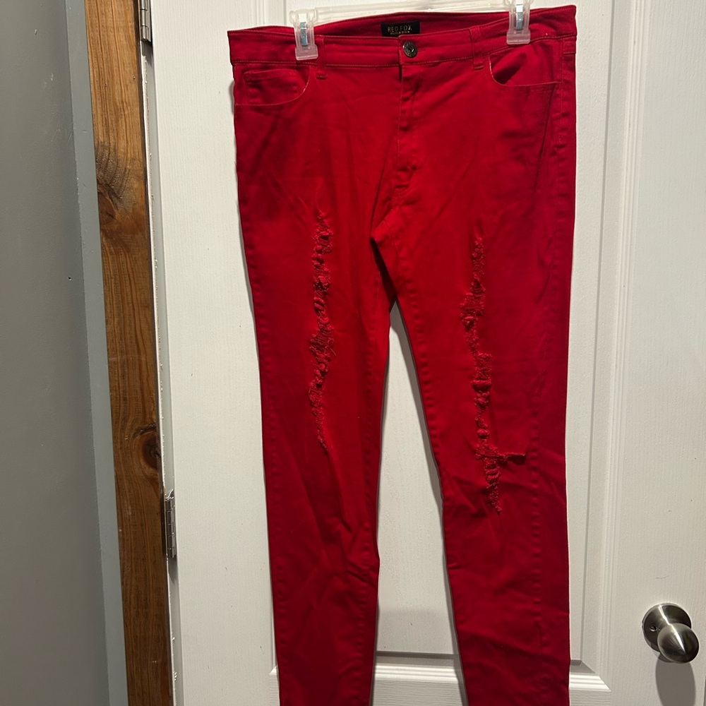 Red Fox Women's Red Skinny Distressed Jeans Size 13 SKU463